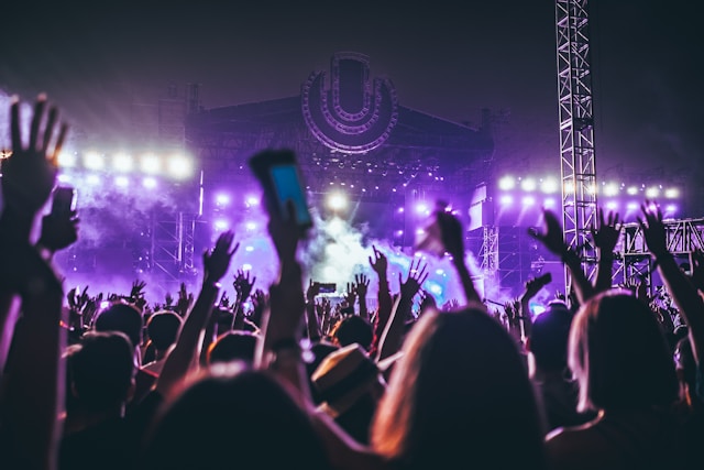Concert crowd with raised hands