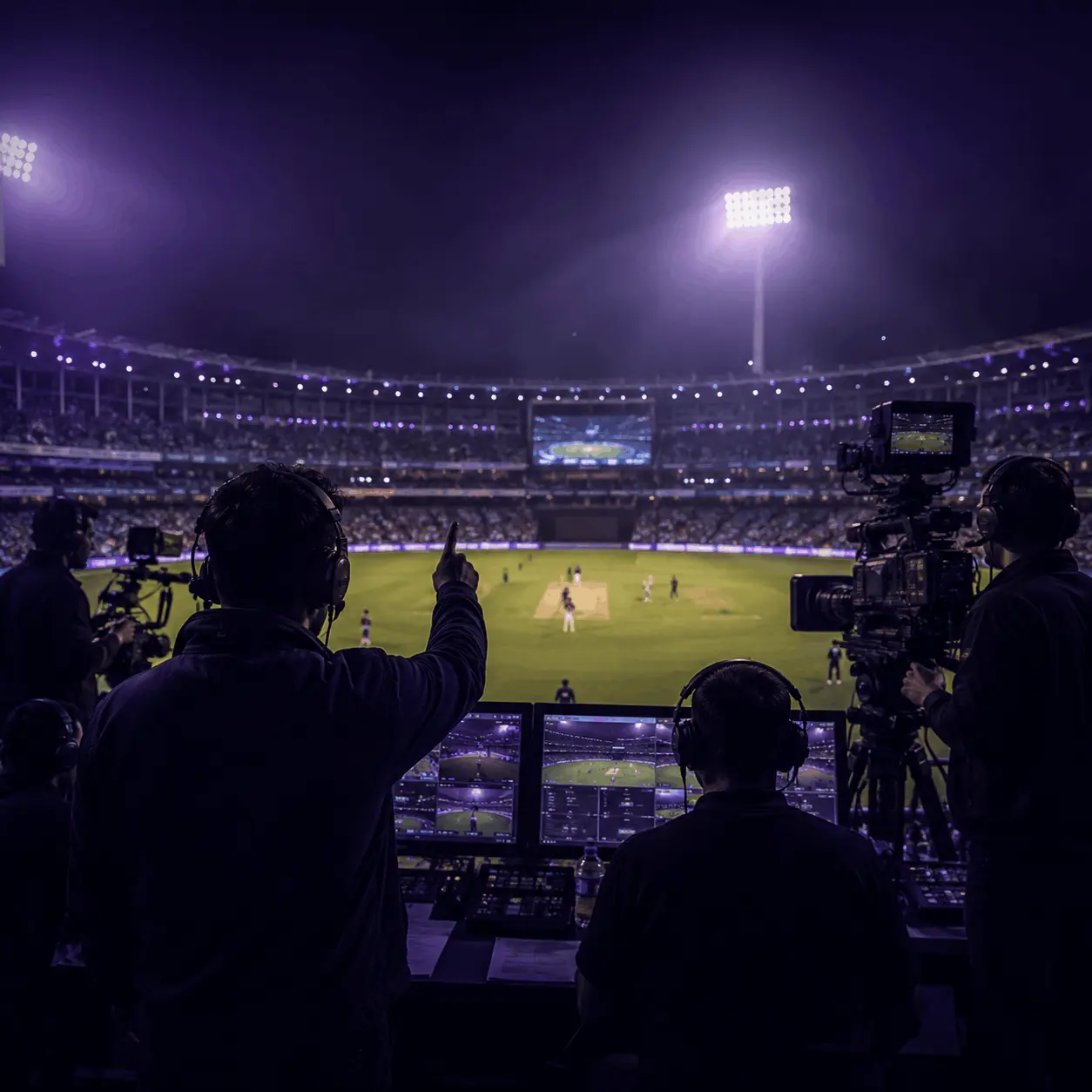 Cricket broadcast production team managing a live match